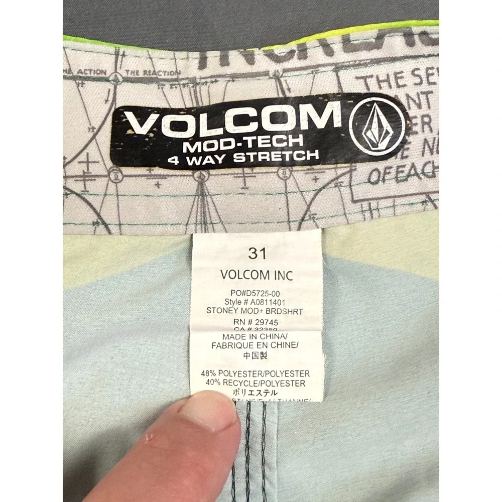 Volcom Stoney Mod-Tech 4-Way Stretch Board Shorts Teal Green Neon Yellow Mens 31